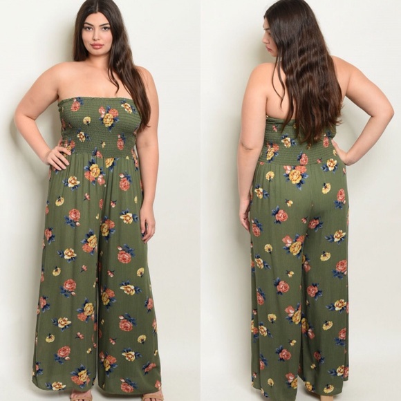 Plus Size Olive Green Floral Print Jumpsuit Romper - Picture 4 of 4